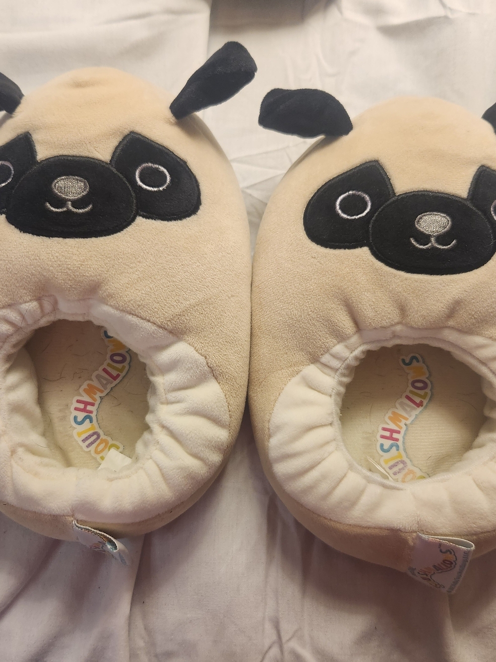 Squishmallows Beige and Black Pug Plush Kids Footie Slippers